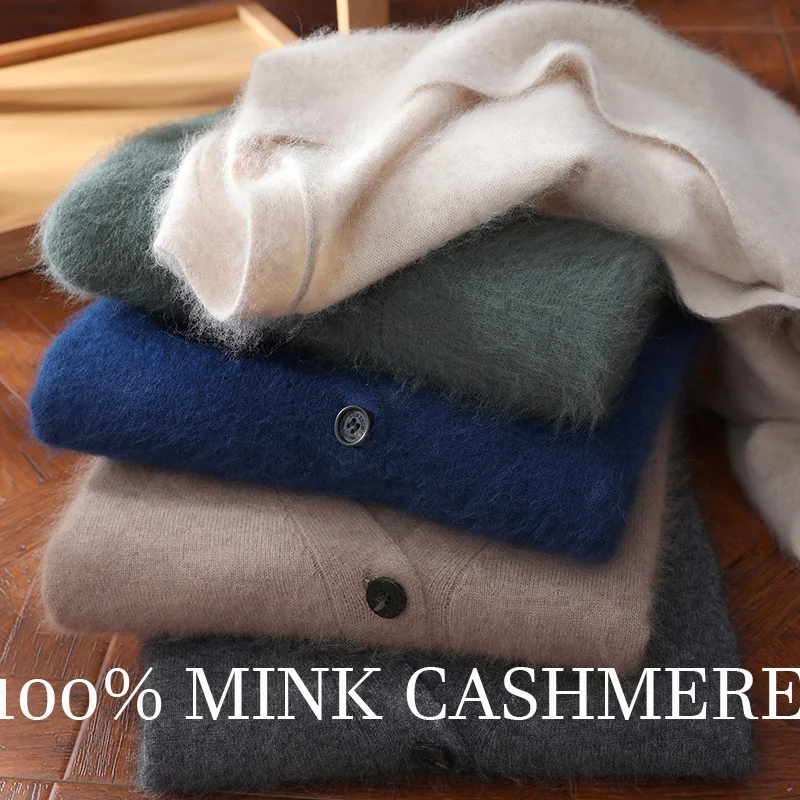 Knitted Cardigan Men's Autumn and Winter New 100% Mink Wool Sweater men's V-neck Business Casual Solid color knitted Basic Shirt