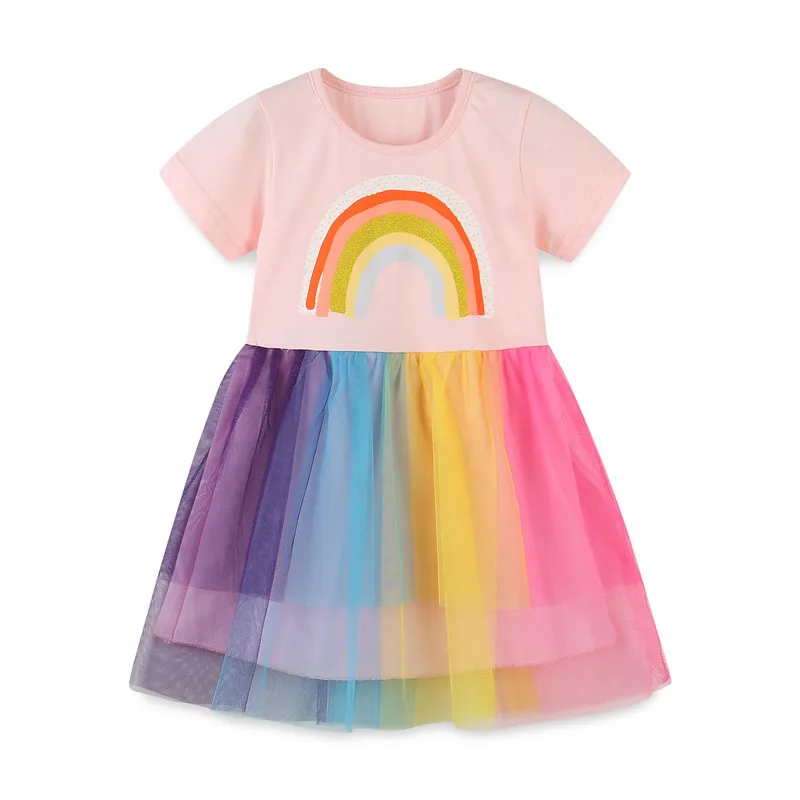 Jumping Meters Rainbow Princess Girls Dresses Short Sleeve Summer Baby Frocks  Hot Selling Children's Costume Kids Wear