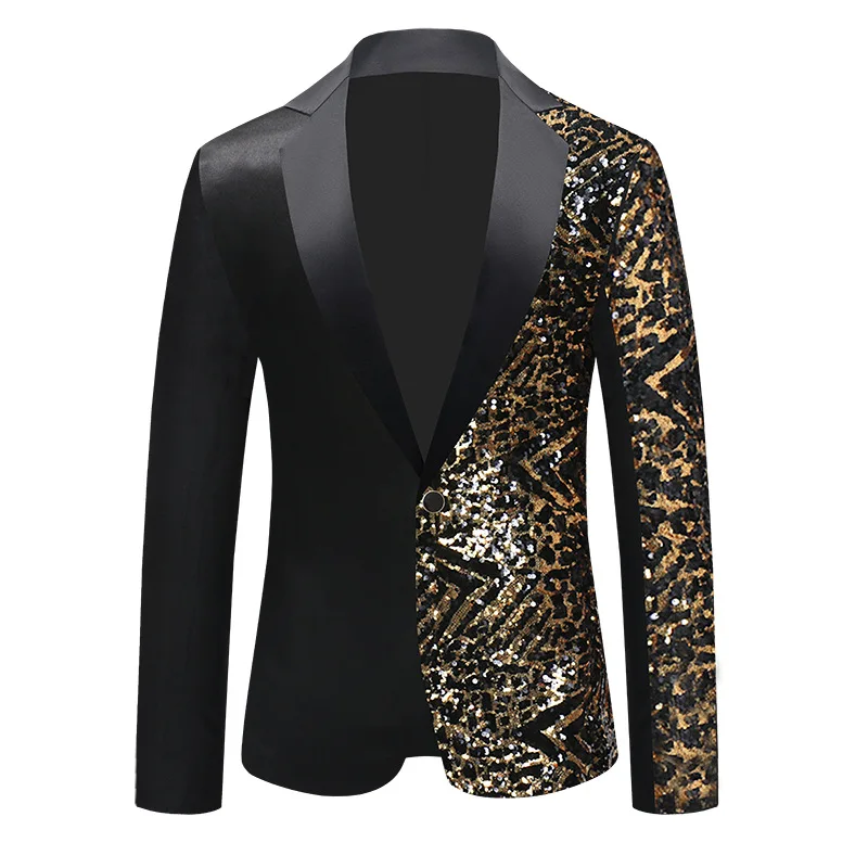 Blue Leopard Sequin Pathwork Suit Jacket Men 2023 Brand New Slim Fit One Button Dress Blazers Mens Party Wedding Stage Costumes