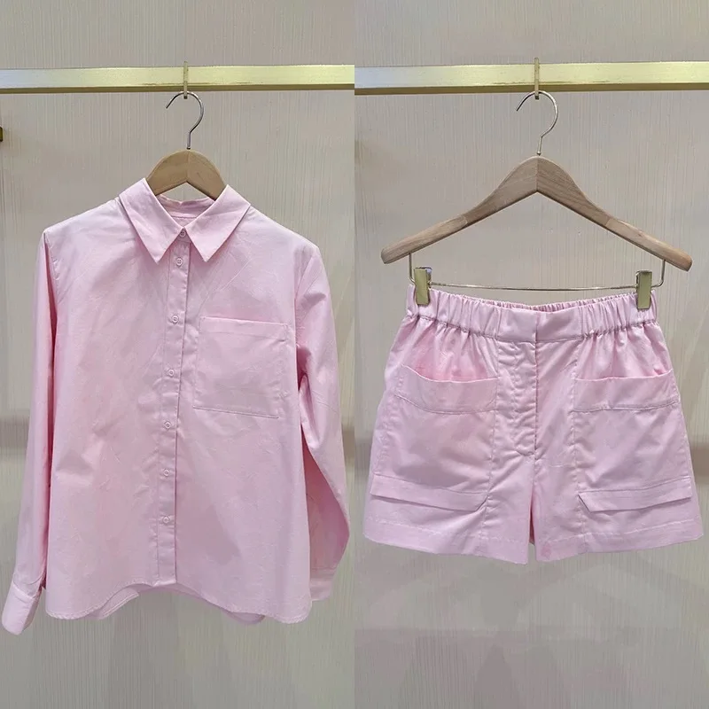 

Pastel Pink Shirt Collar Elastic Waist Shorts Set with Big Pockets Casual Loose Fit Long Sleeve Neck Cotton Spring Summer