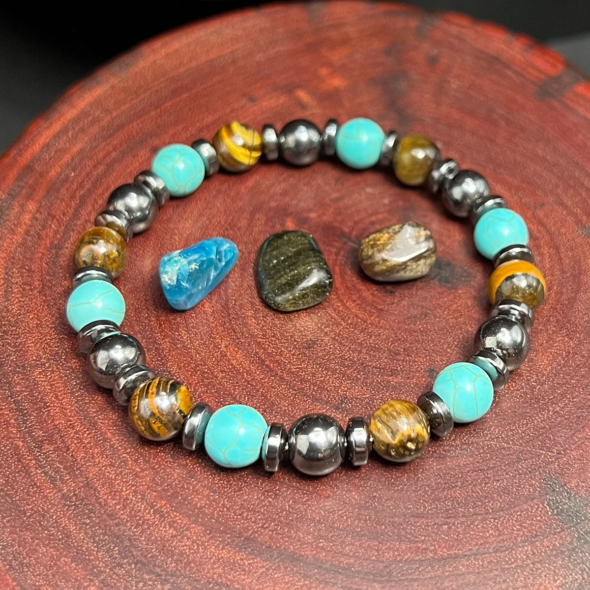 1pc/Triple Protection Beaded Therapy Bracelet for Men Women Hematite, Turquoise and Tiger Eye Stone Stress Relief Therapy Jewelr