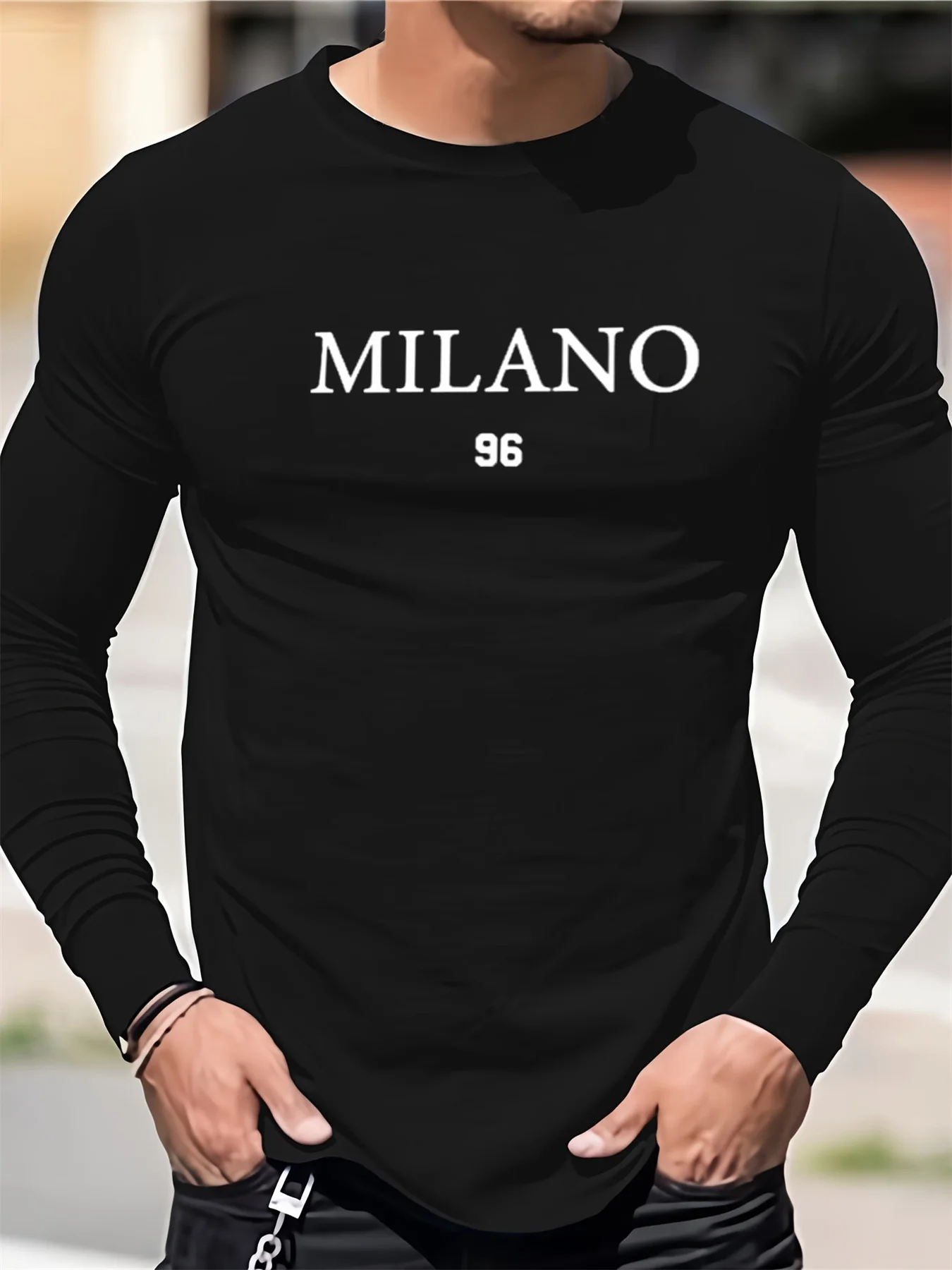 تي شيرت رجالي 100% من القطن الخالص فضفاض مناسب للرياضة والترفيه MILANO 96 مطبوع برقبة دائرية وأكمام طويلة #1