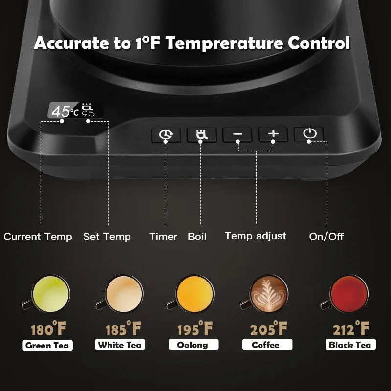 Ecorelax bollitore elettrico a collo d'oca preciso ± 1 col controllo della temperatura, 1200W versare sopra il bollitore elettrico per caffè e tè