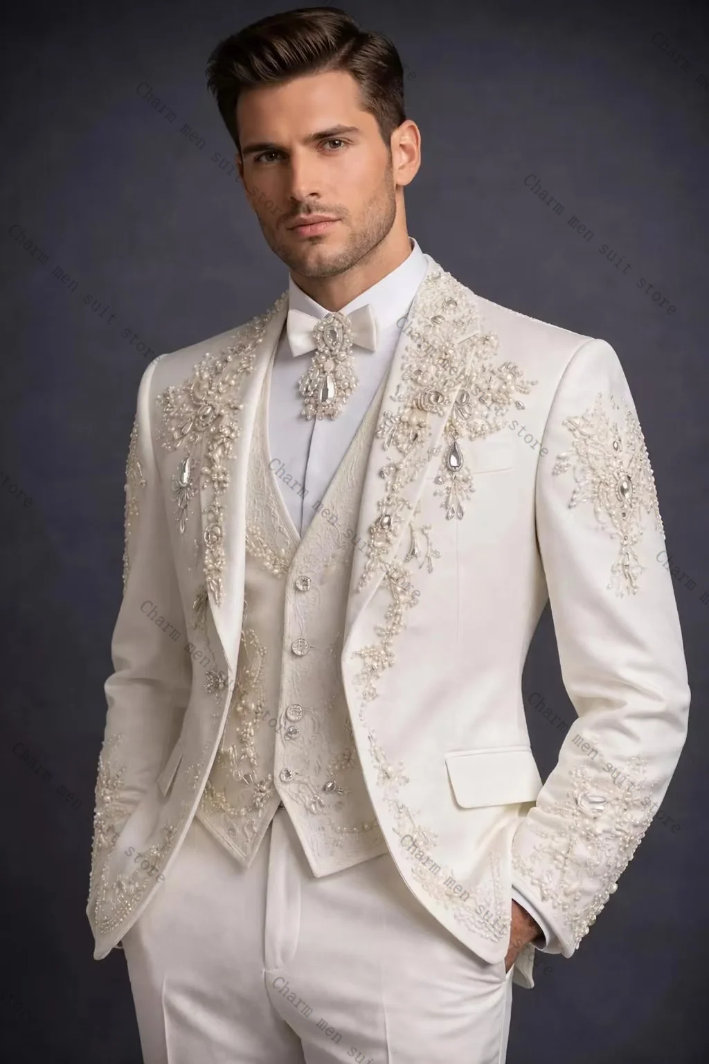 

Crystals White Men Suits Set 2 Pcs Blazer+Cotton Pants Trousers Luxury Wedding Tuxedo Formal Office Business Groom Jacket Coat