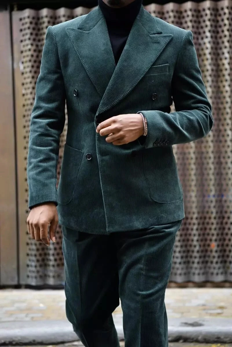 2023 Korduroi Puncak Kerah Jas Pria Kostum Homme Pernikahan Masculino Terno Tuksedo Slim Fit Groom Prom Blazer 2 Buah Jaket + Celana