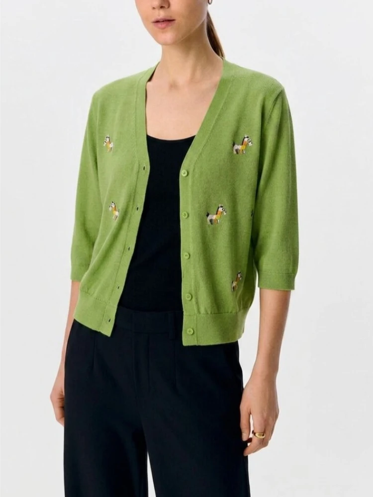 Women Cartoon Embroidered Knit Cardigan Lightweight Spring Summer Sweater Casual Button Front Top