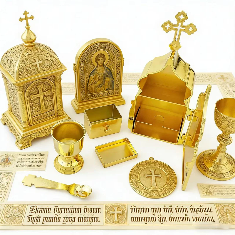 

New 2026 Elegant Orthodox Portable Holy Communion Set Gold-Plated Tabernacle with Chalice and Spoon for Church and Home Use Gift
