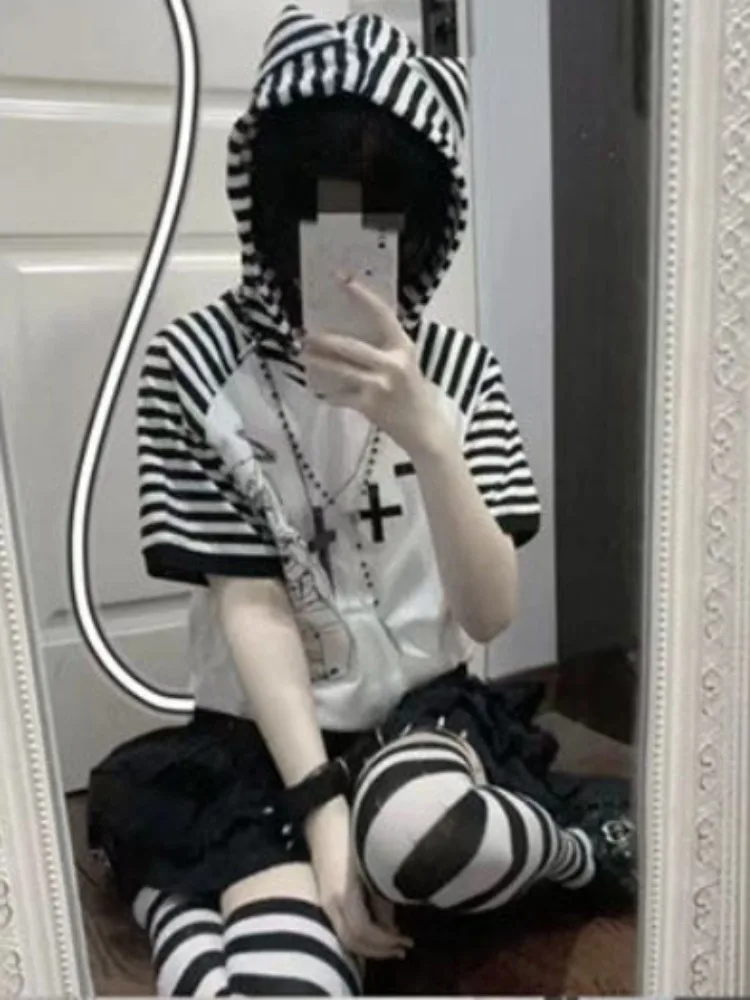 Women\'s Casual Striped T-Shirt Patchwork Zipper Hooded Gothic Tshirts Japanese Cartoon Print Kawaii Harajuku Tee Shirts Y2K Tops