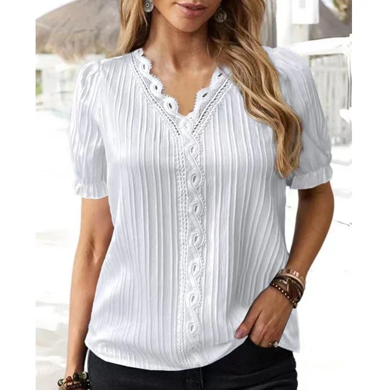 

Elegant Summer V-neck Blouse Fashion Hollow Out Lace Short Sleeve Shirts Women Casual Loose Clothes Office Lady Tops Mujer 26605