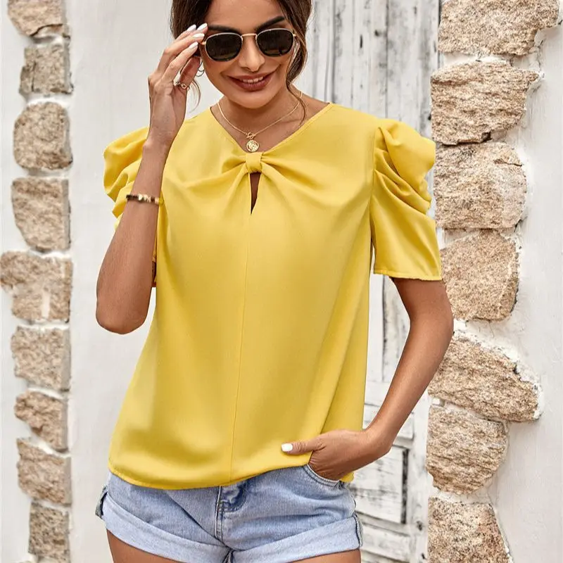 

Wedifor Short Puff Sleeve Casual Women Blouse Elegant V Neck Folds Loose Green Shirts Summer Fashion Office Work Ladies Tops