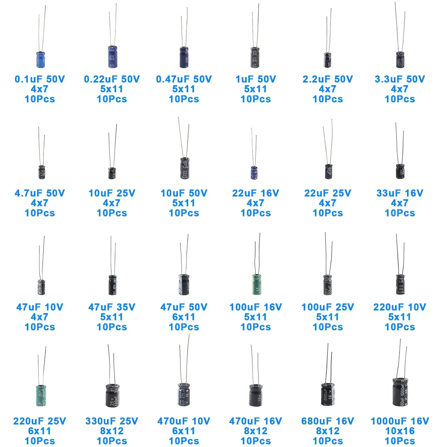 240pcs Aluminum Electrolytic Capacitor Electrolytic Capacitors Kit 24Value Range 0.1uF-1000uF Capacitors Assortment Kit