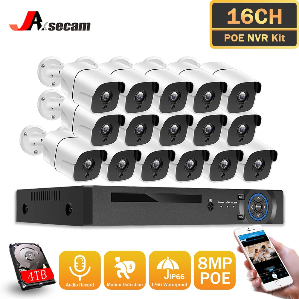 

16CH 8MP 4K POE Security Camera System Audio Recording NVR Kit CCTV Outdoor IP Camera H.265 P2P HD Video Surveillance Camera Set