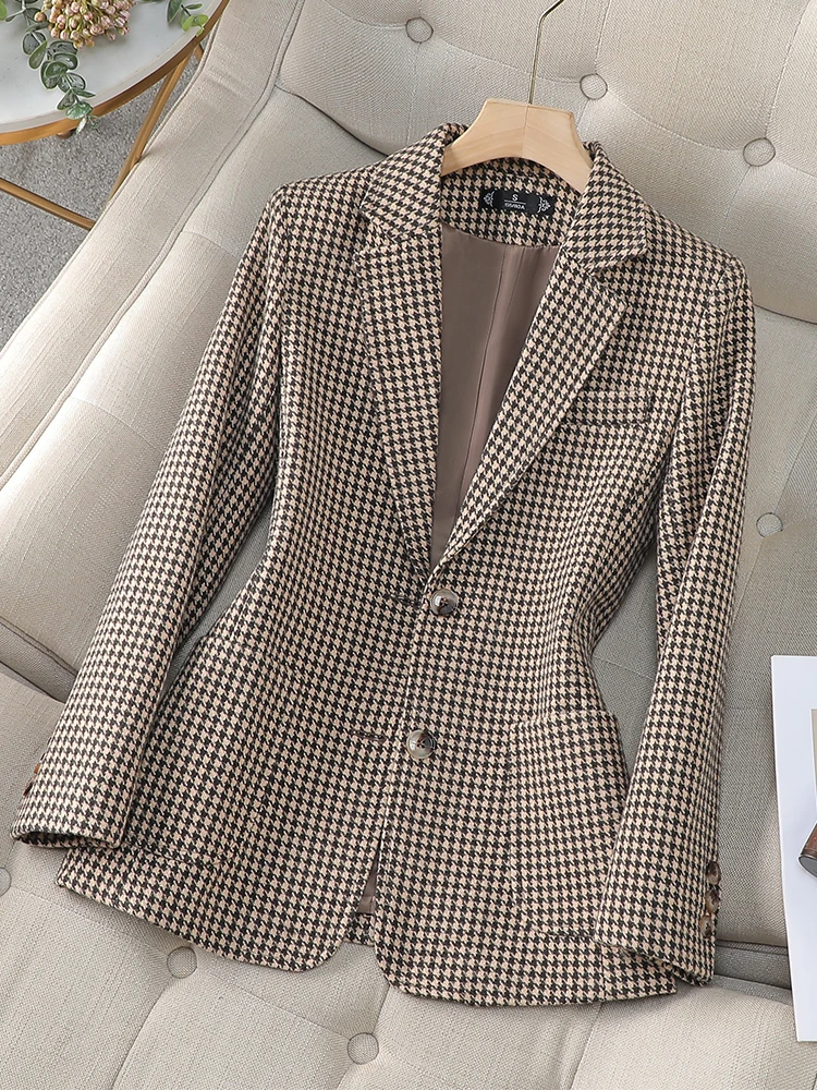 Gray Pink Coffee Plaid Women Blazer Ladies Long Sleeve Female Slim Casual Jacket For Autumn Winter