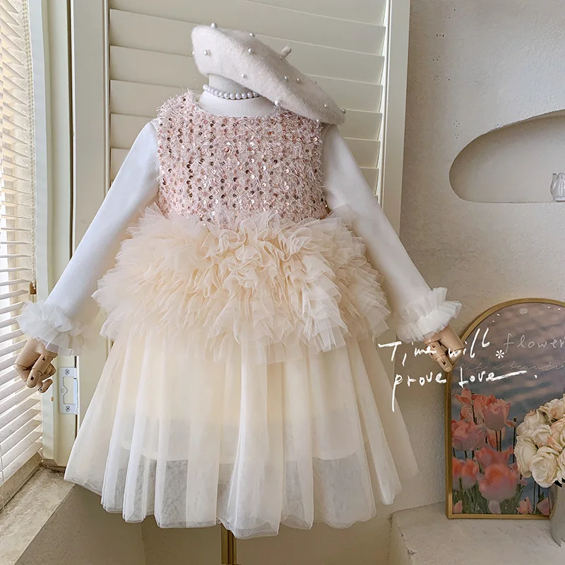 

Girls' Winter Dress2025New Girls' Fleece-Lined Sleeveless Sequin Fleece-Lined Dress Two-Piece Set