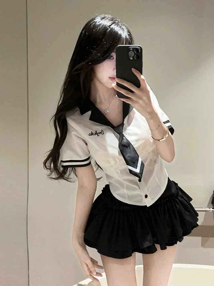 

College Sle Jk orm ort Sve irt Tie Bouncing Cake Skirt Set Slimming Fluffy orts Cotton Summer Faion