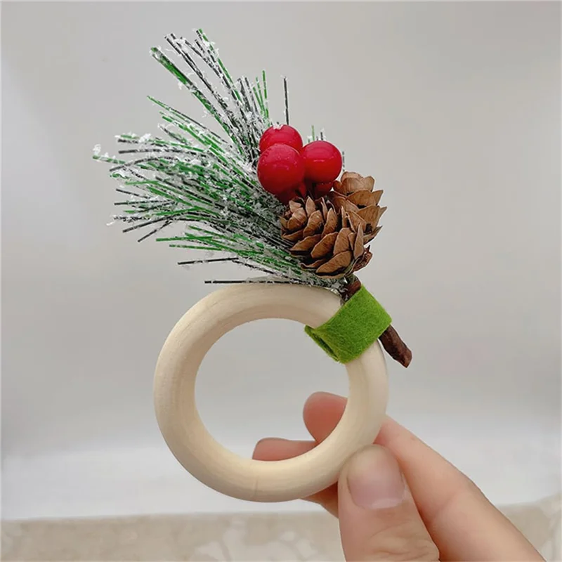 

75STO-6PCS Christmas Napkin Rings Wood Handmade Holly Berry Napkin Holder For Wedding, Banquet, Birthday, Thanksgiving