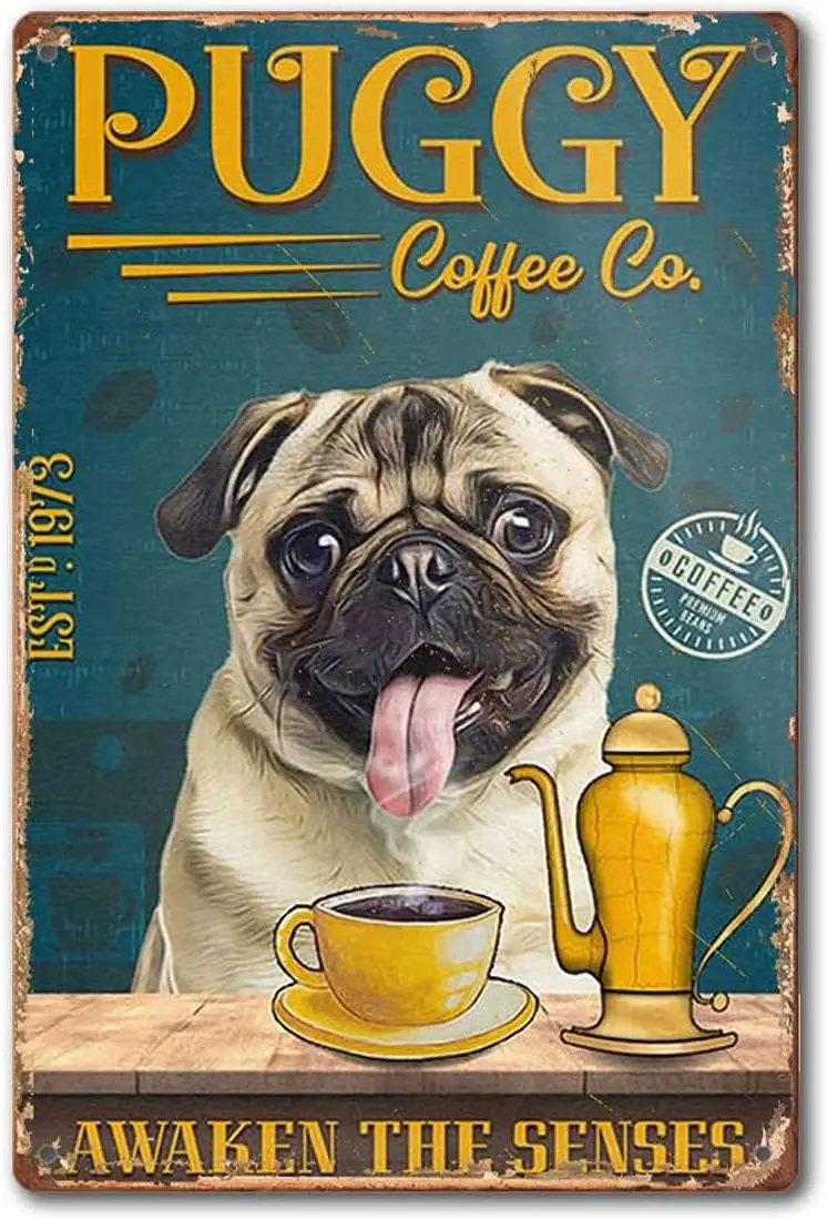 Gift for Pug Lovers Custom Year Poster Dog Puggy Coffee Company Poster Wall Art Coffee Shop Bathroom Home Living Decor Vint sign