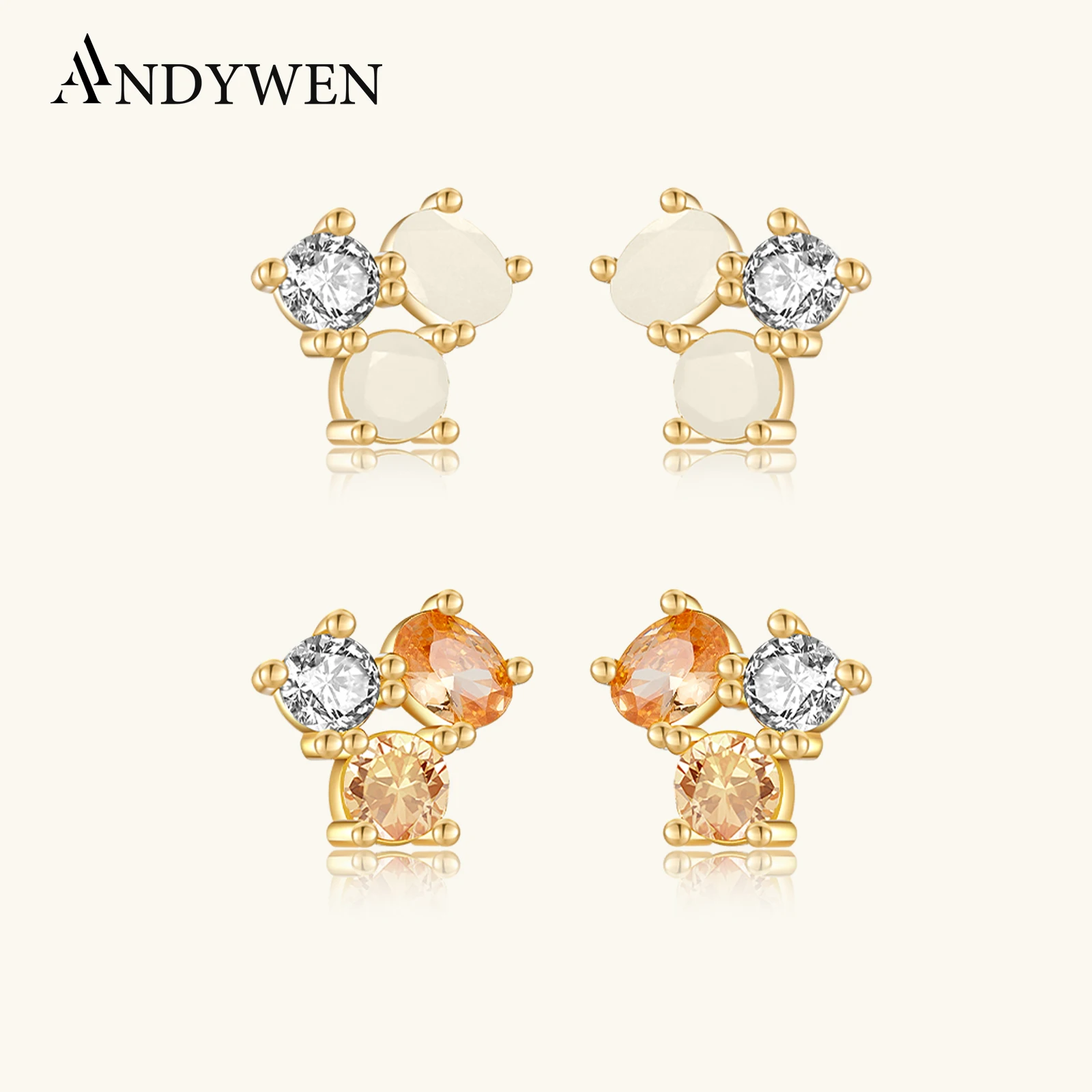 

ANDYWEN 925 Sterling Silver Gold Champagne Round Ovals Zircon Charm Stud Earring 2023 Rock Punk Fashion Jewelry For Wedding Girl