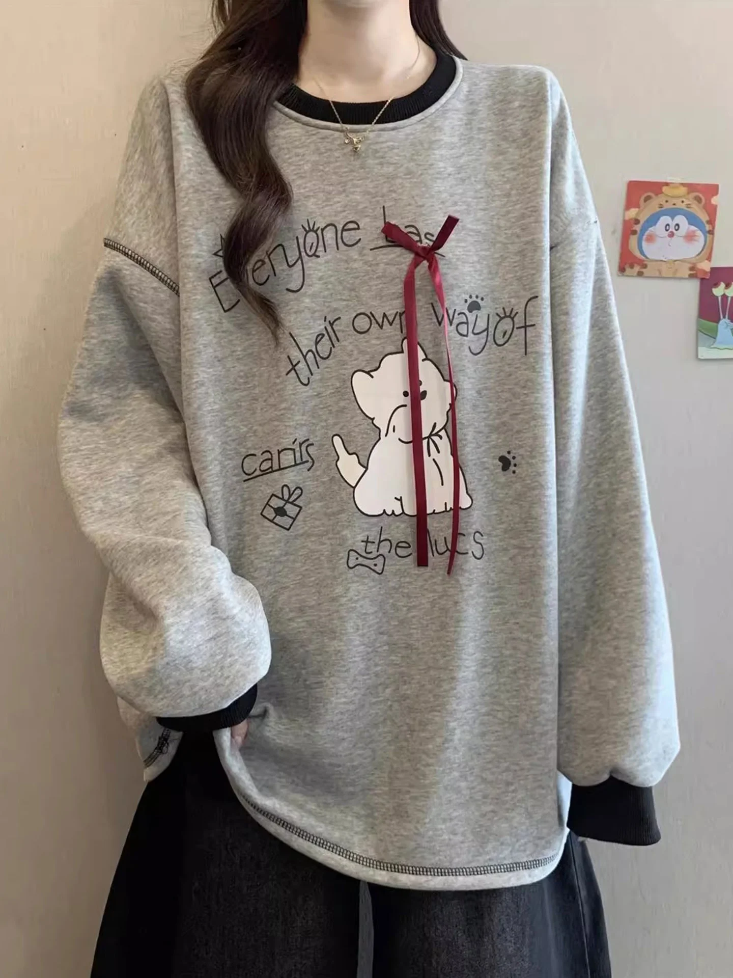 

Korean Sle Fce Lined Long Sve Hoodie Women's plus Size Warm mid Length Top Age Defng Trendy Fall Winter Clothing