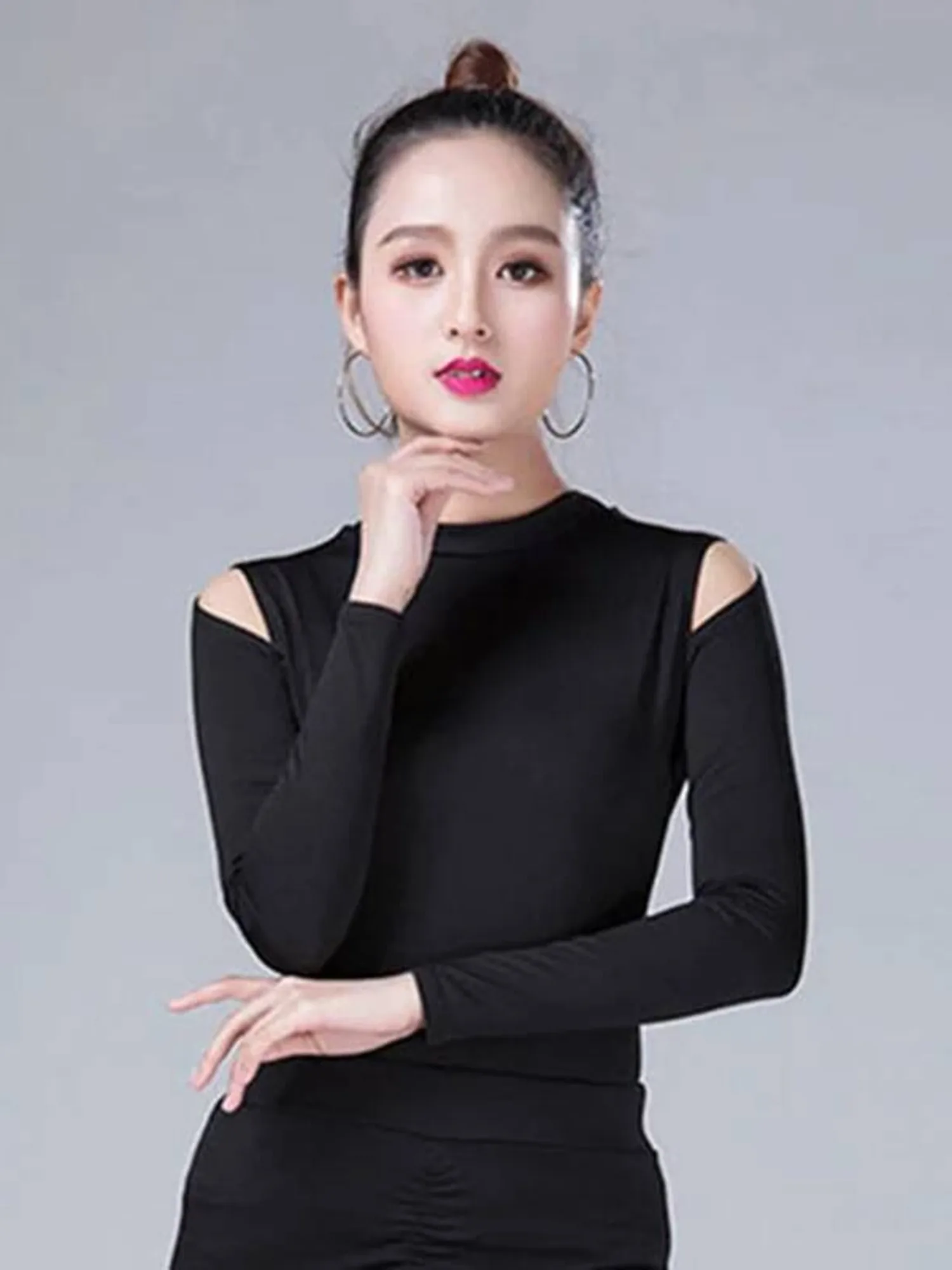 ผู้หญิงแขนยาวเต้นรําเสื้อยืดละตินหญิง Elegant หญิง SLIM FIT การแข่งขัน TOP สีทึบ Tango POLE เสื้อผ้า