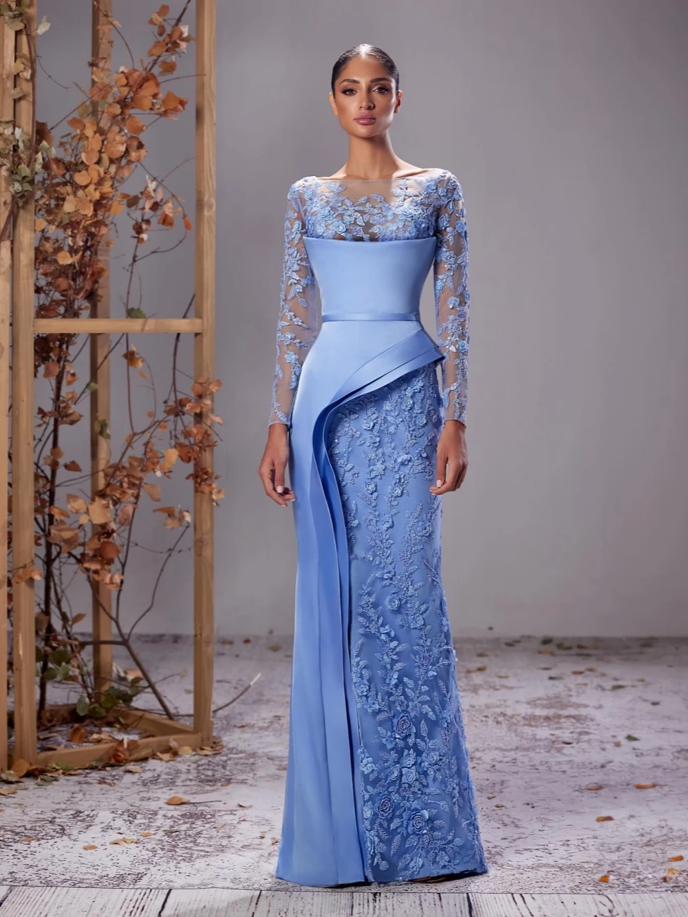 ชุดแม่เจ้าสาวทรงเมอร์เมดประดับลูกปัดสีน้ำเงิน สำหรับงานแต่งงาน คอเรือ แขนยาว ชุดราตรีแบบเรียบหรู สามารถสั่งตัดได้