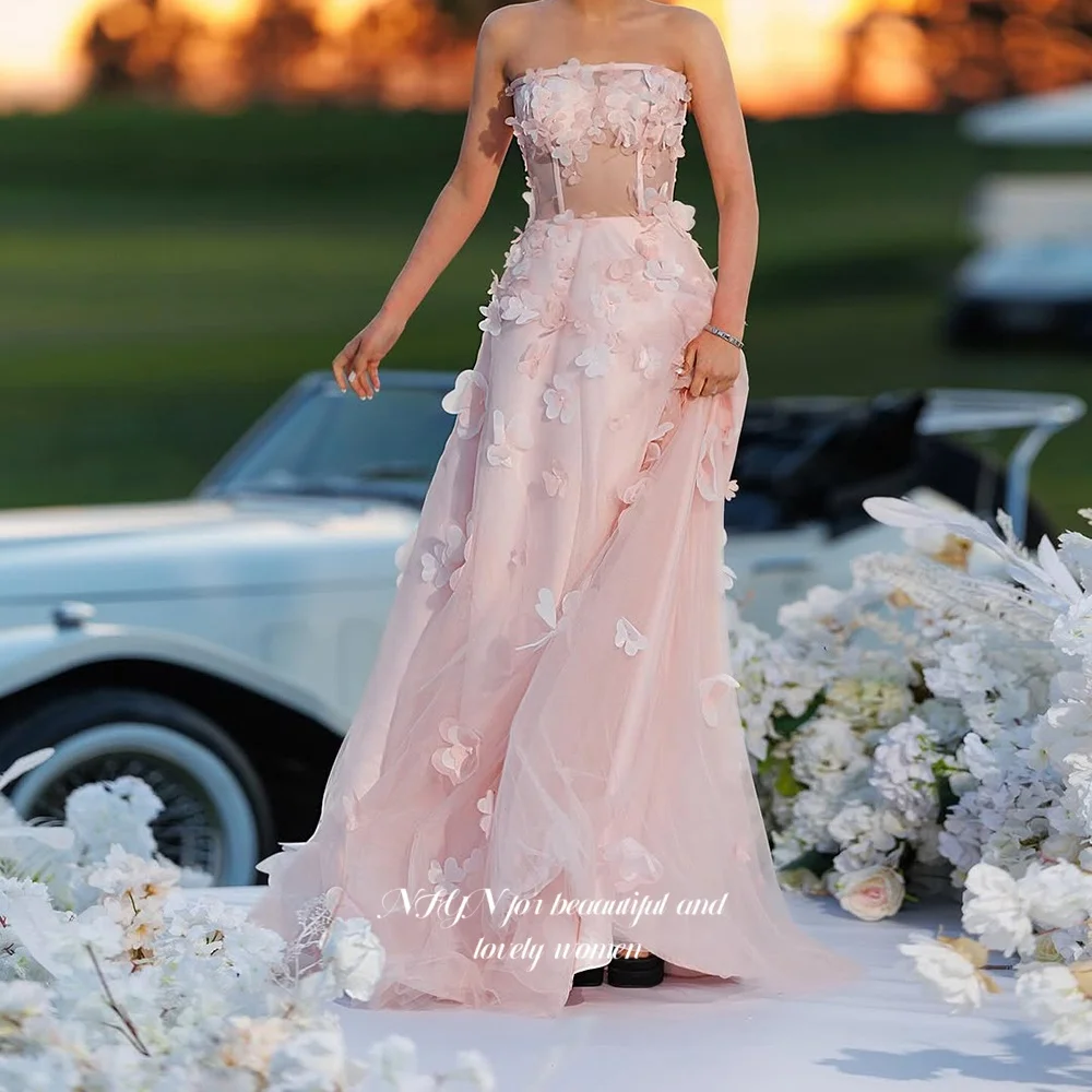 Vestido de princesa floral NFYN Vestidos de fiesta sin tirantes de color rosa Vestido de fiesta de una línea Flores 3D chter Personalizado