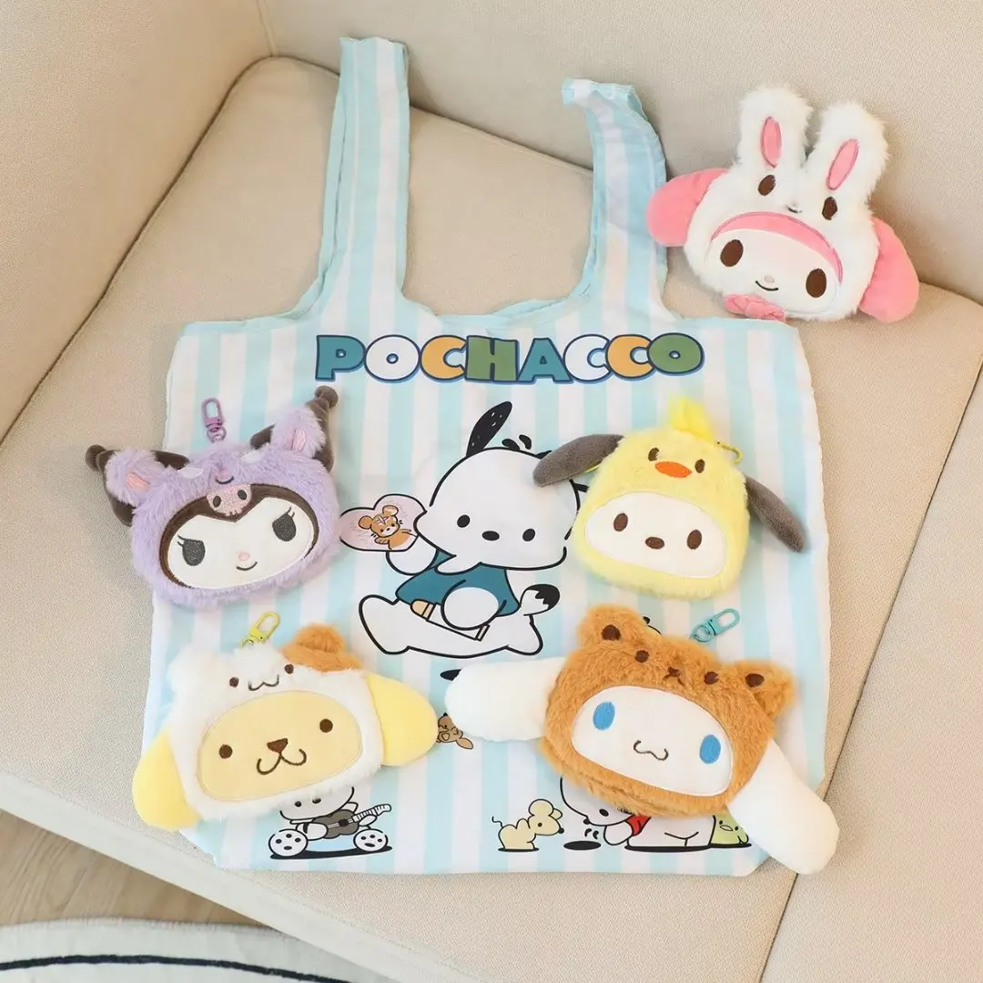 Porte-monnaie en peluche Sanurgente Melody, Kuromi, Cinnamoroll, Pachacco, pendentif en peluche, pompon au beurre, sac à provisions imprimé dessin animé