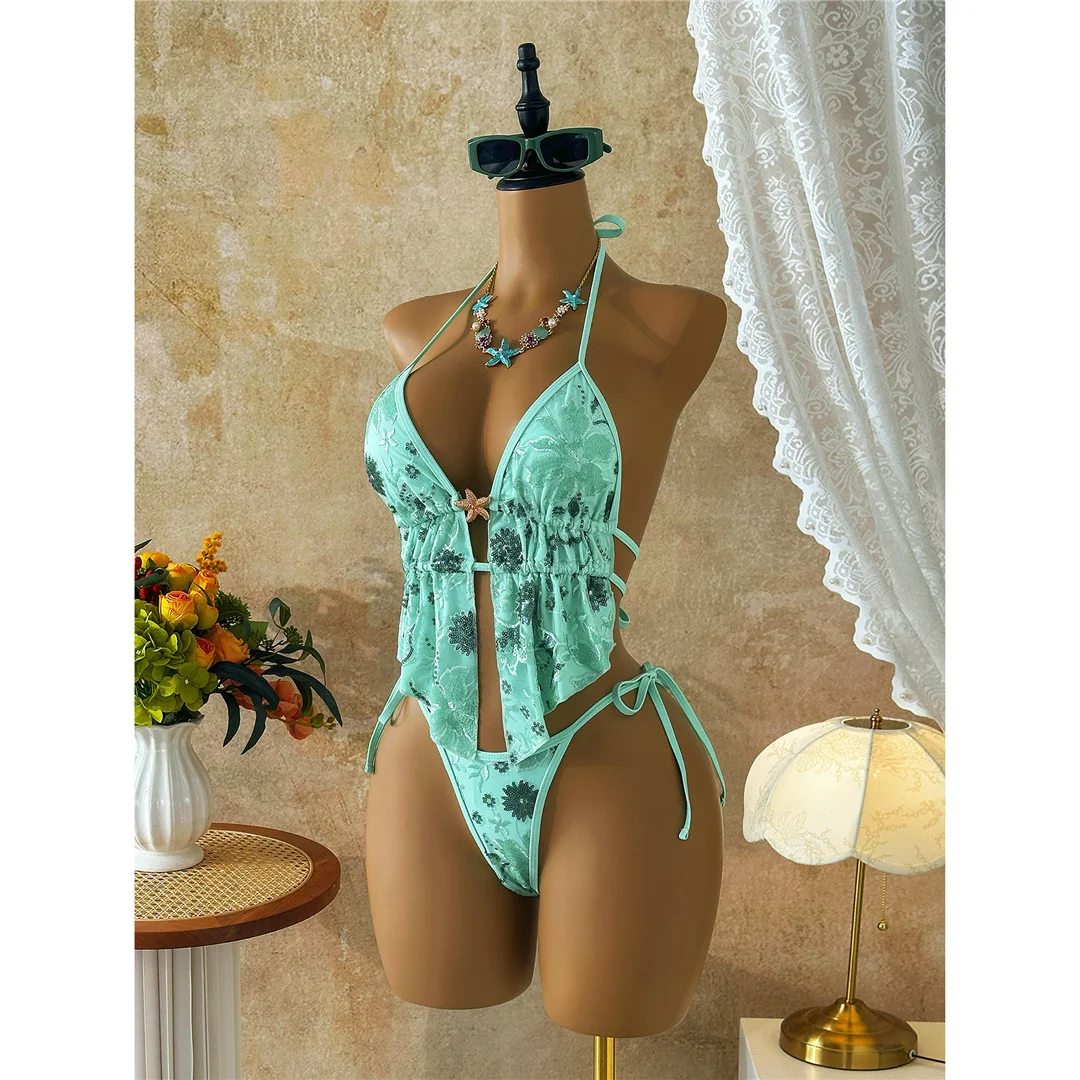 Glitzer-Pailletten-Bedruckter Tankini-Neckholder-Bikini Damen-Badeanzug Zweiteiliger Bikini-Set Badebekleidung Badeanzug Schwimmen V8067 – Detail 13