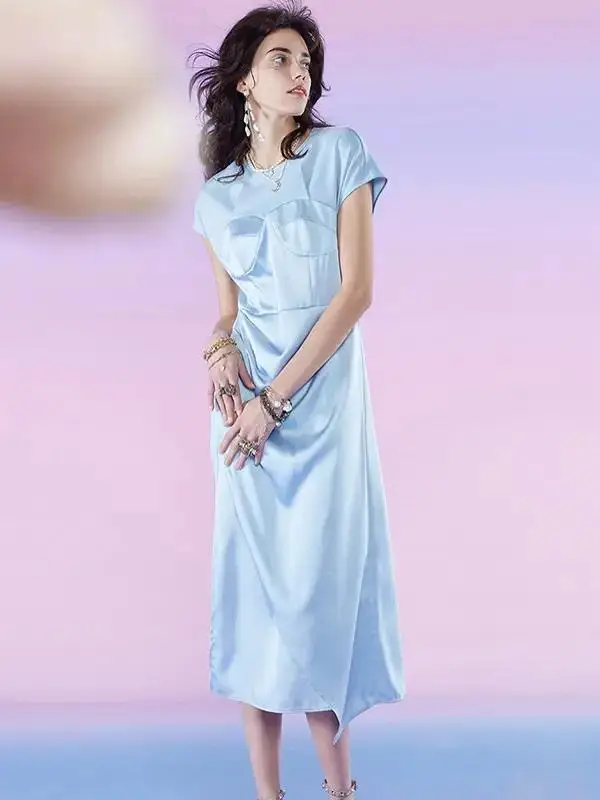 

Liancan Summer Spring New n Sle round Ne Svel Women's Dr Nylon Fabric Gown Basic Sle round Collar Gown