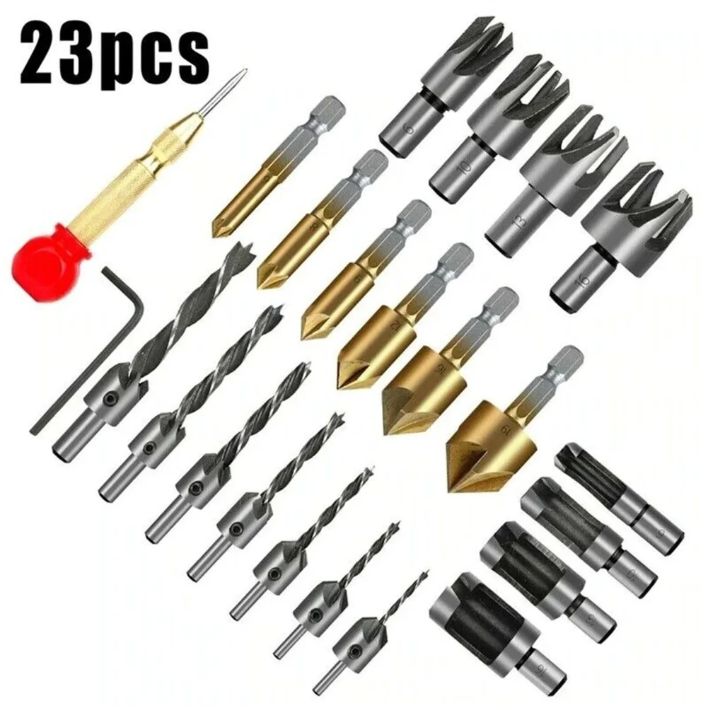 3-point Countersunk Wood Drilling Set, Woodworking Chamfer Drilling Tool Set, High-speed Steel Chamfer Woodworking 23pcs