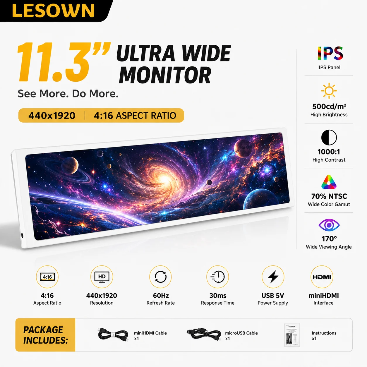 LESOWN 11.3in Aluminium White External Screen Plug and Play 440x1920 miniHDTV AIDA64 Temp Monitor 4:16