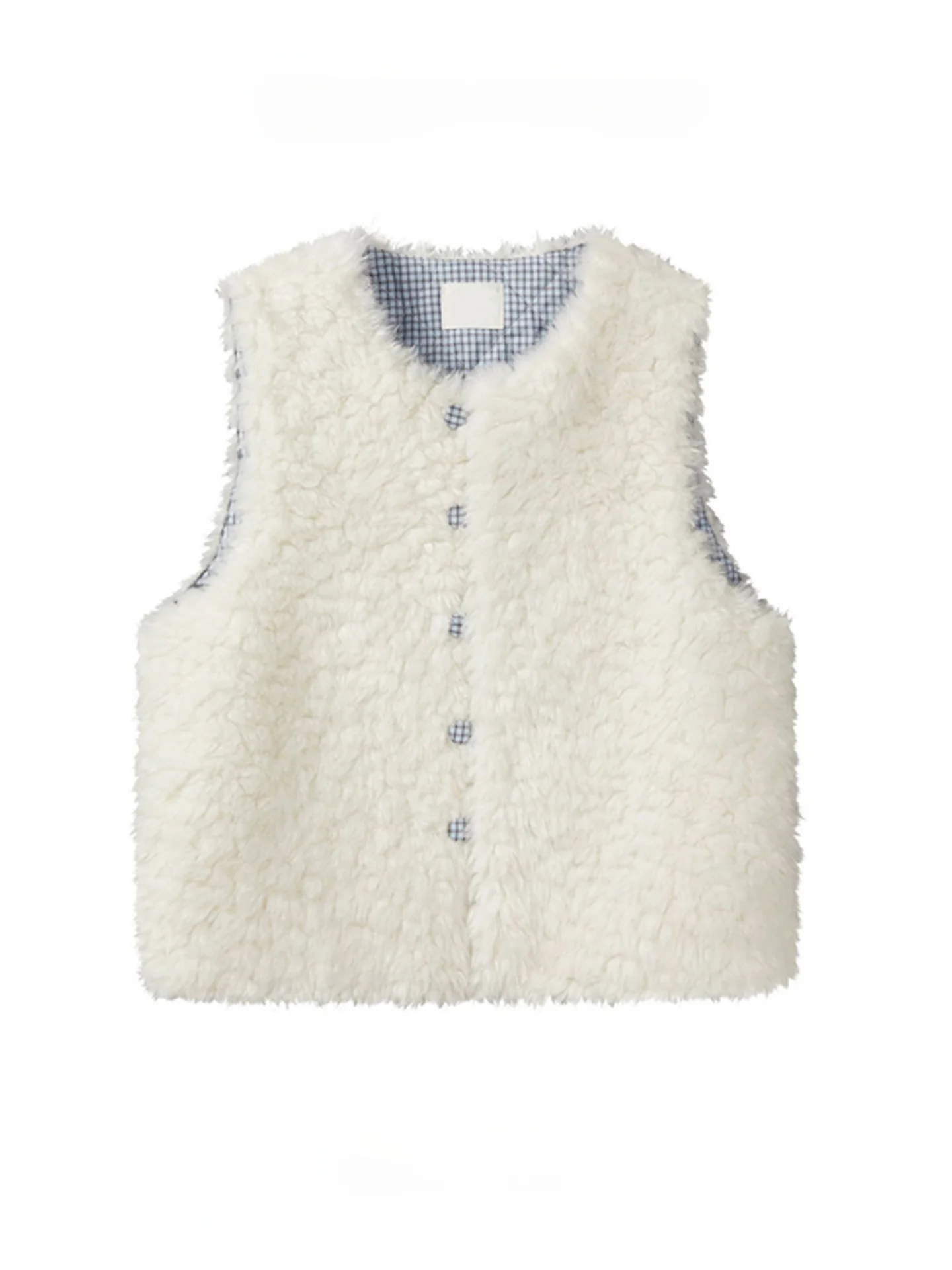 White Lamb Fur Vest Outerwear Women's Autumn Winter Korean Style Patchwork Layered Fluffy Trendy Top Warm round Neck Button C...