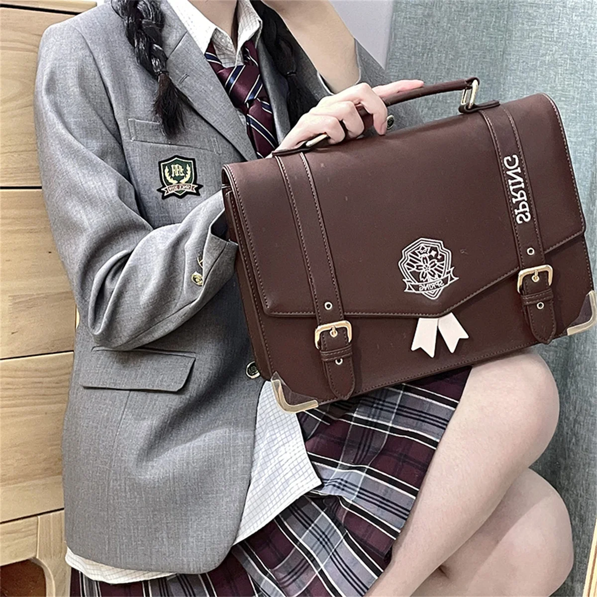 Japanese Cute College Style Sweet Girls Cosplay Jk Uniform Bag Printing Letters Cherry Blossoms Badge Backpack Crossbody Handbag