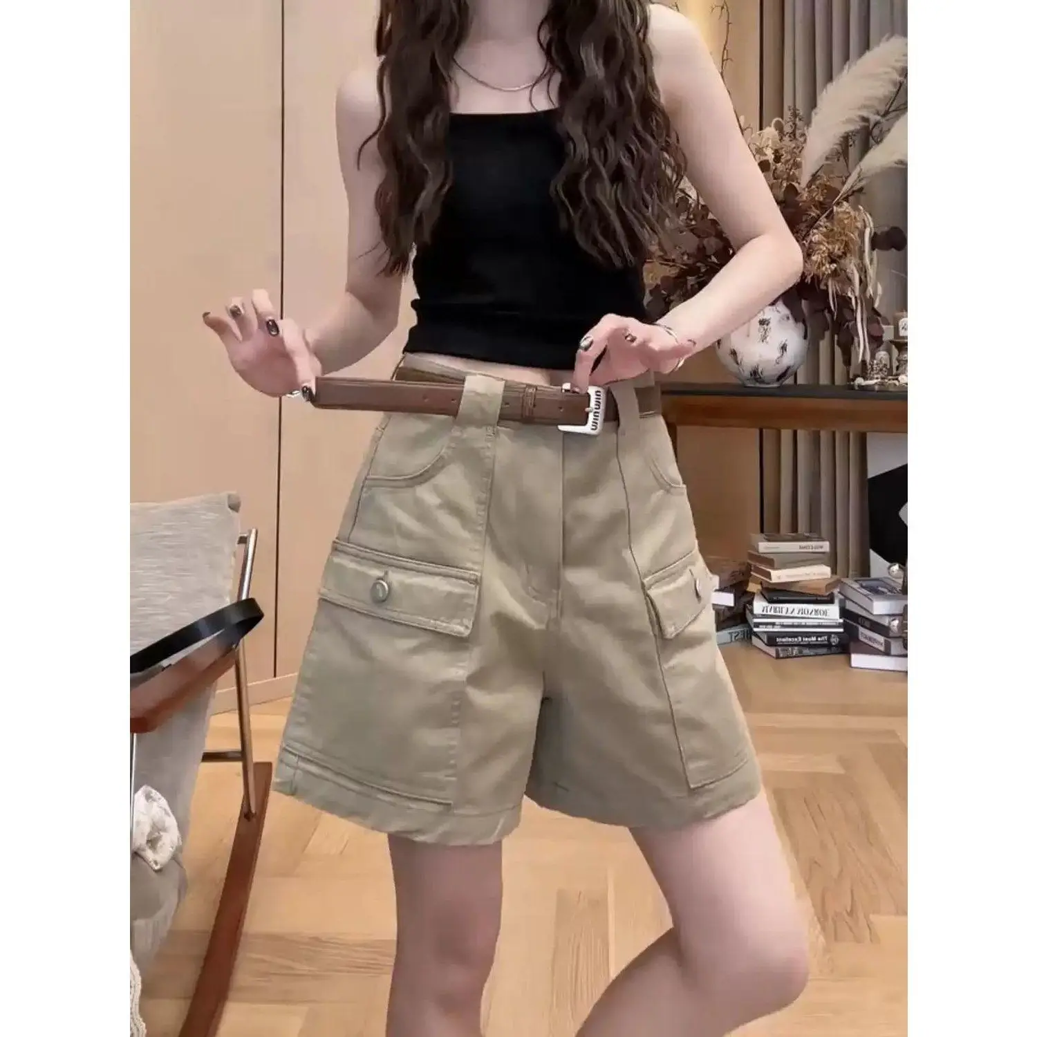 Khaki Tooling Cargo Shorts Women's Summer High Waist Pockets Wide-leg Casual Pants