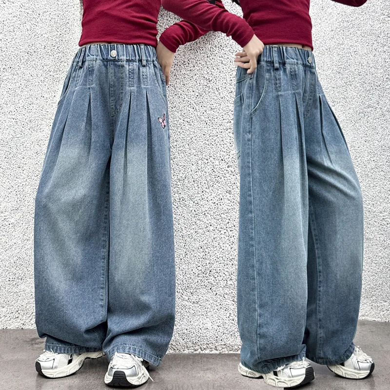 

Fashion Autumn Kids Girls Butterfly Wide Leg Jeans Straight Cut Trousers Trendy Children's Clothing Stylish Denim Pants 5-14 Y