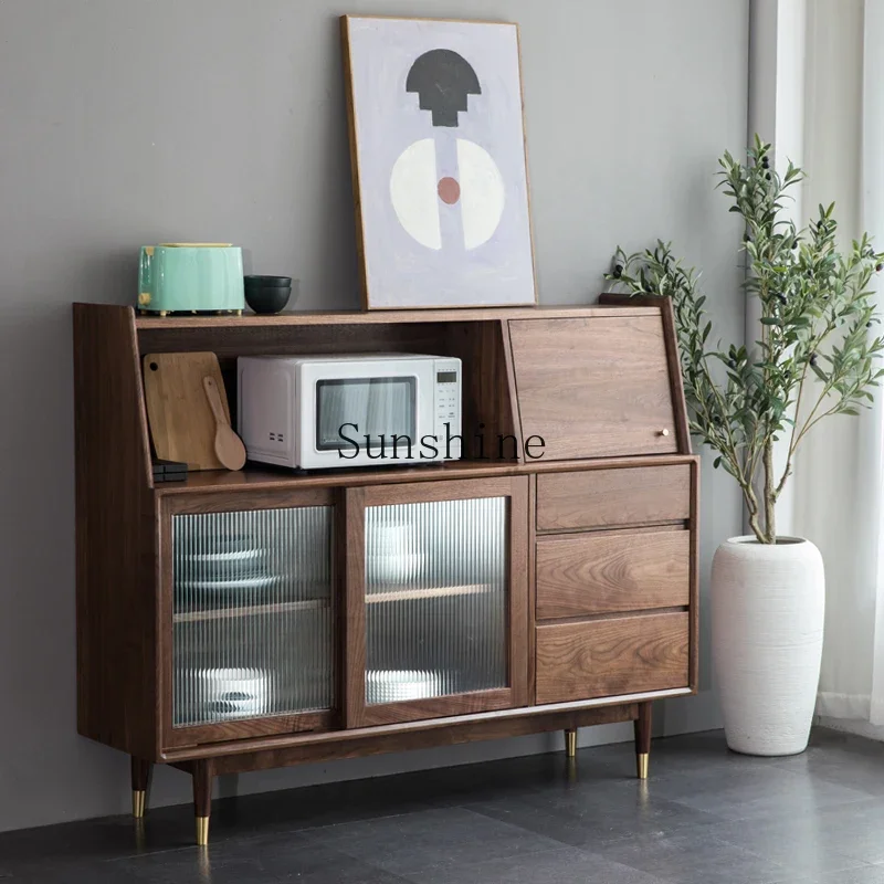 

Black walnut dining side cabinet simple small apartment restaurant storage glass door tea cabinet FT