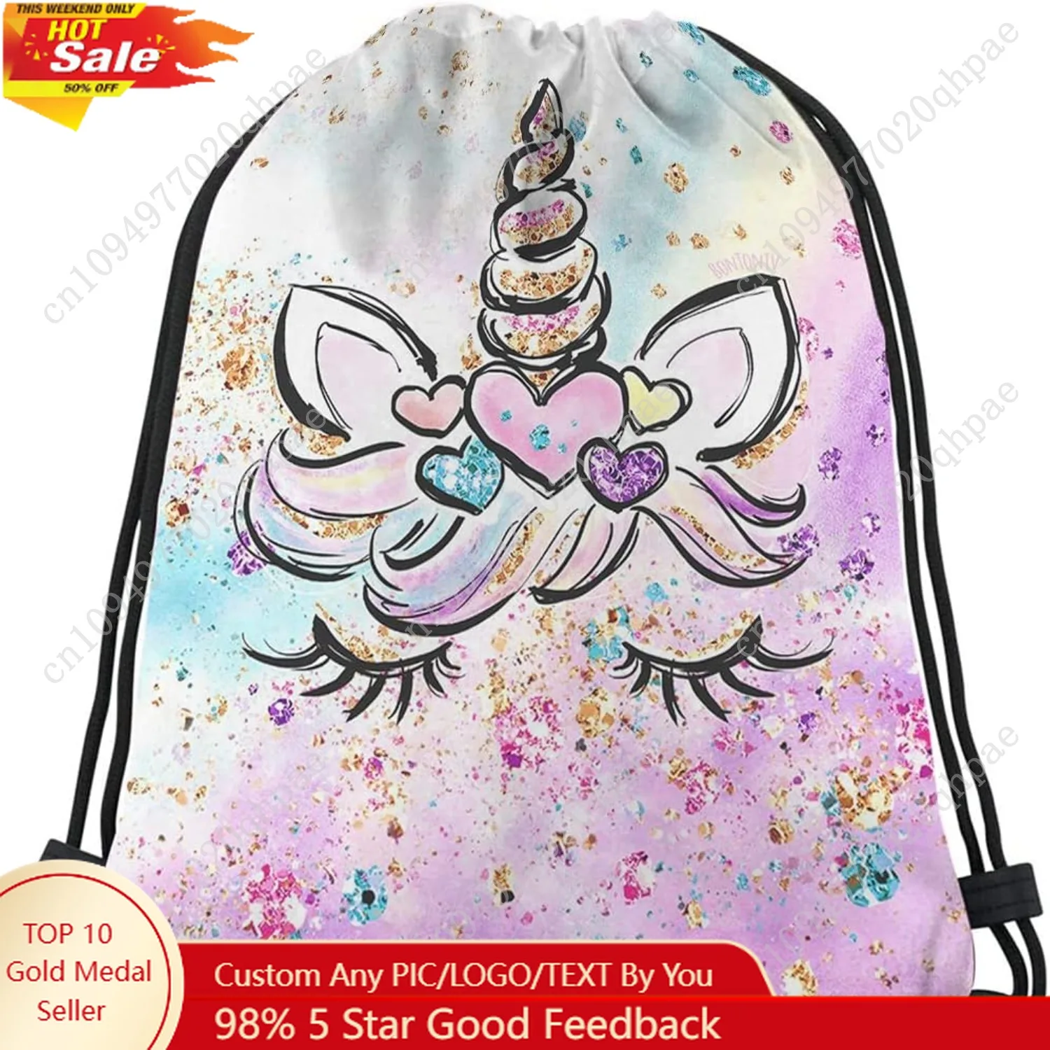 

Pink, Multicolor Unicorn Cartoon Animal Modern Drawstring Backpack, 14x16.9 Inch, Soft Shell, Unisex, Waterproof, Adjustable Sho