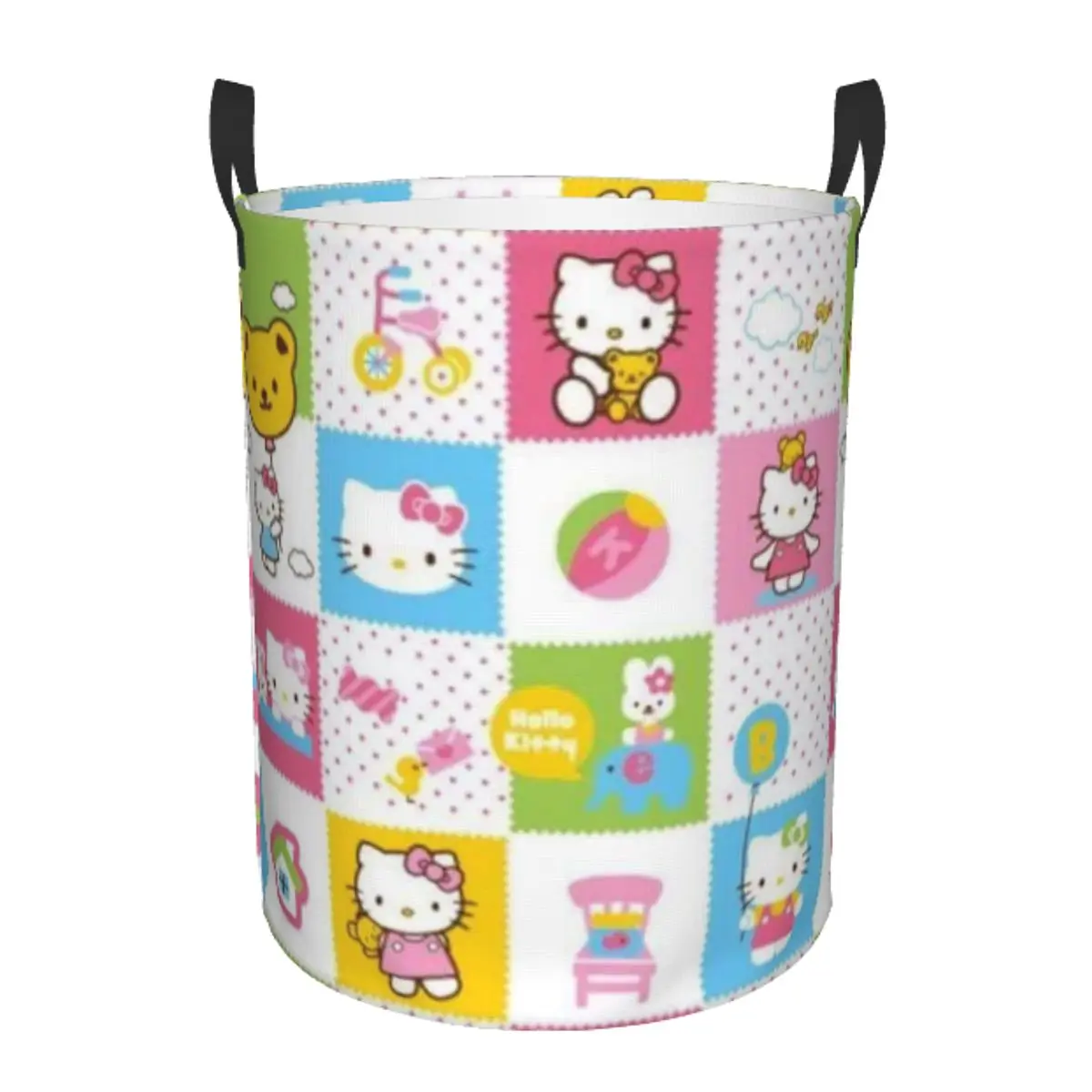 

Breathable Round Laundry Hamper Hello Kitty Single-Layer Dirty Clothes Basket with Easy-Care Fabric for Home Organization