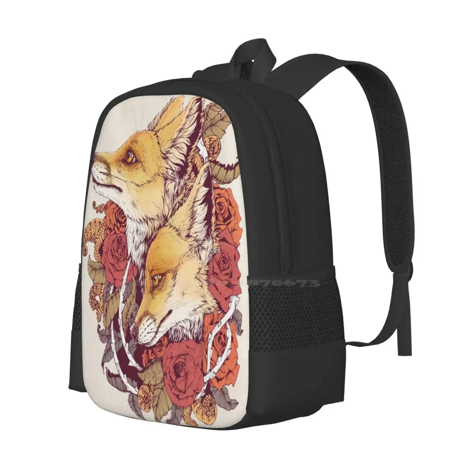 Mochila Red Fox Bloom para homens e mulheres, mochila para adolescentes, rosas, raposas vermelhas, Vixen, vulpes, floral, bud, samambaia, espiral, espinhos, natureza