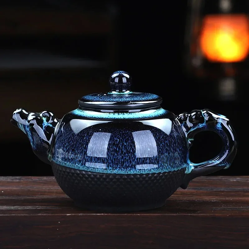 High-Quality Kiln-Transformed Tianmu Glaze Teapot Large Ceramic Kung Fu Tea Set Household Zizai Teapot Jianzhan Tea Brewing Pot