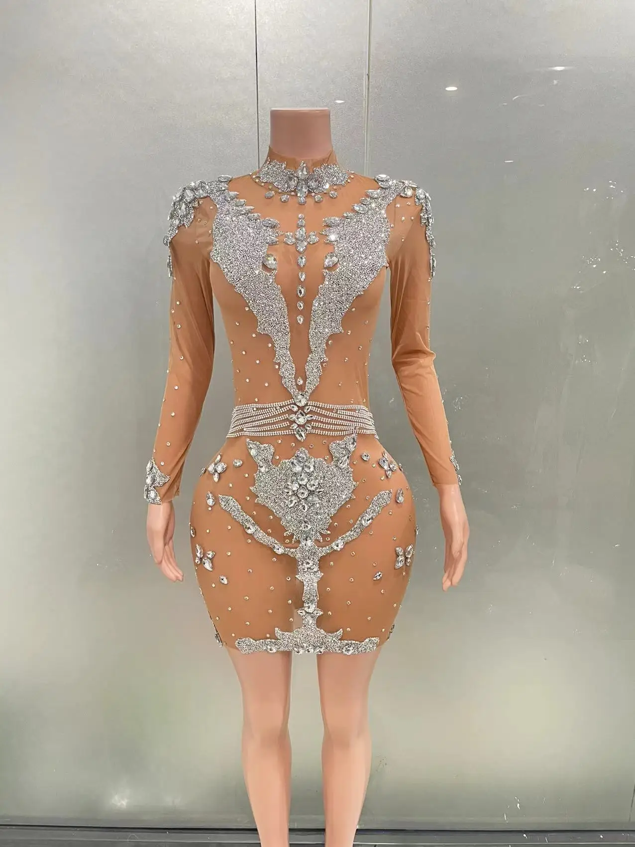 STOCK Sparkly Women Birthday Party Sexy See Through Mini Short Dress Rhinestone Long Sleeve Elastic Mesh Drag Queen Outfit