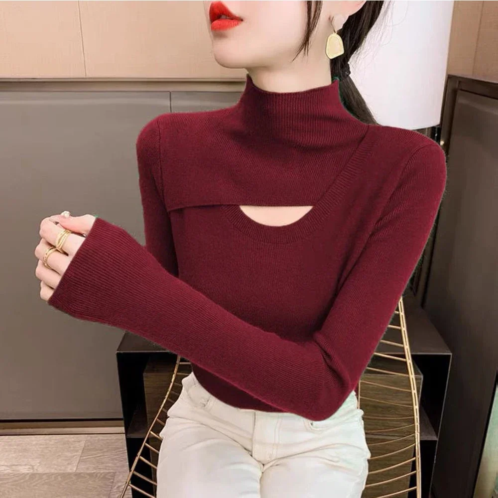 

Women's Autumn Winter Pullover S-XL Half High Neckline Hollowed Out Bottom Sweater Paired With New Slim Fitting Versatile Shirt