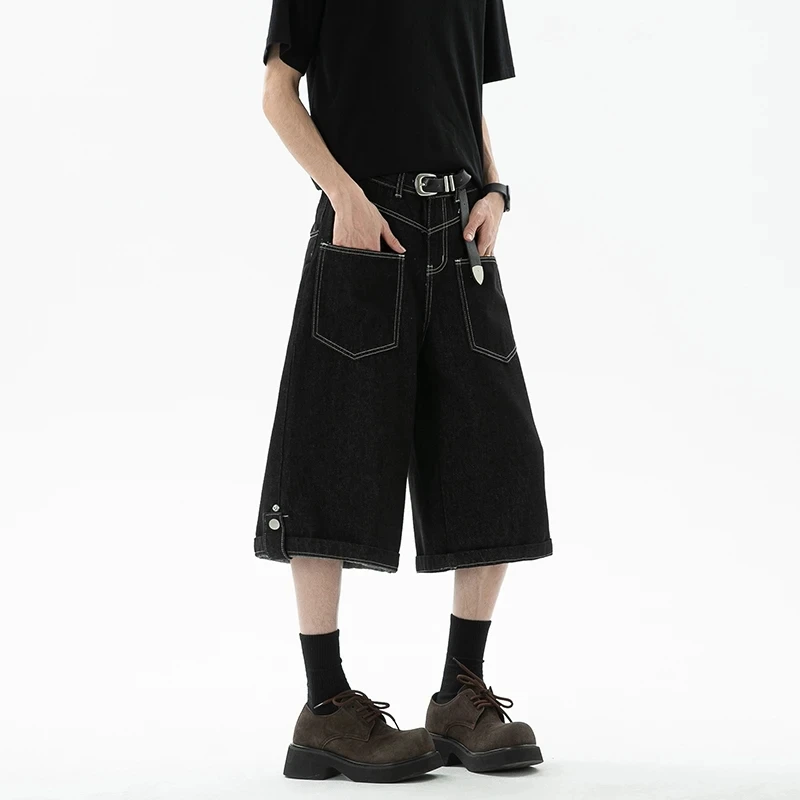 Summer Twoway Hem Buckle Raw Men's Denim Shorts American Style Cropped Knee Length Jeans 2026 New Wide Led Bottoms