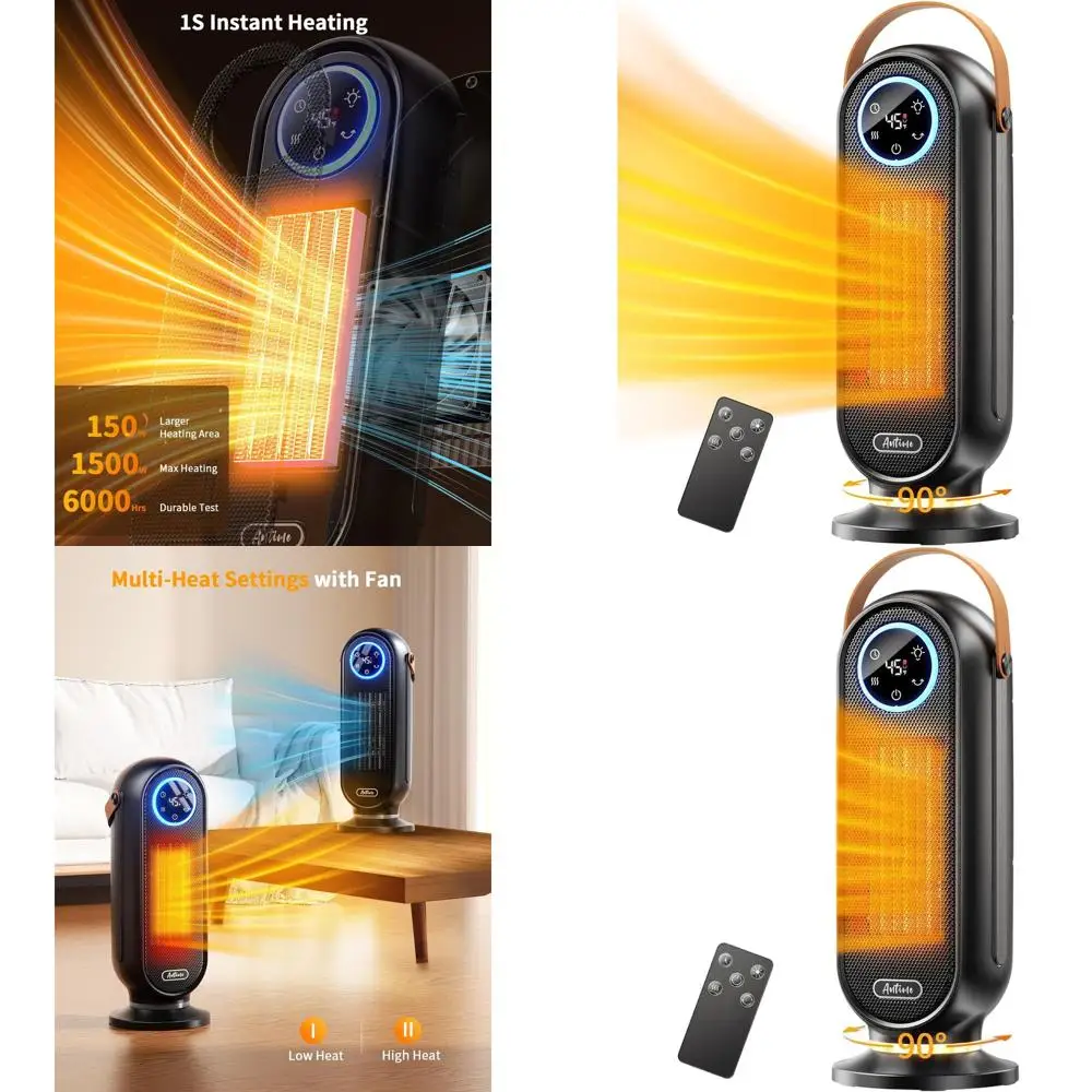 

Portable 16 Electric Space Heater, 1500W with Thermostat, Oscillation, 12H Timer, Remote, Quiet for Home and Office