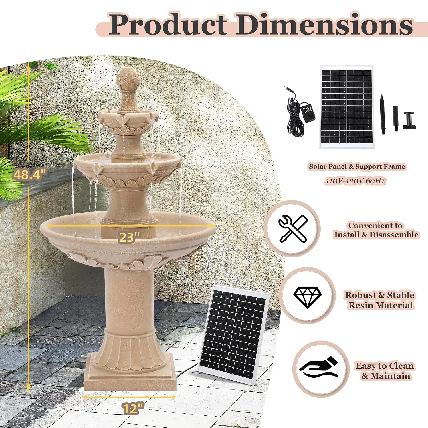 Outdoor Solar Water Fountain Italian Roman Style Natural 48.4