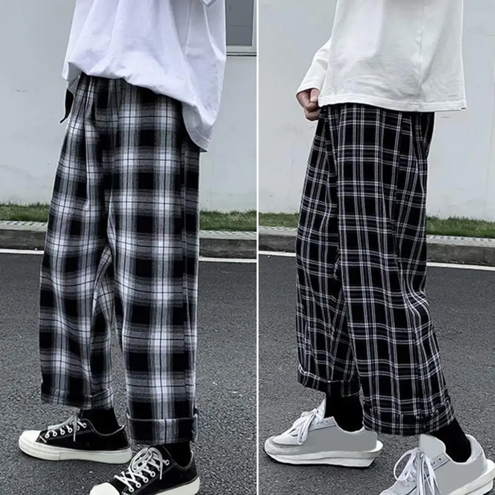 Autumn Men Pants Plaid Streetwear Wide Leg Elastic Waist Loose Sports Pants Trousers Checkered Wide Leg Pants for Travel