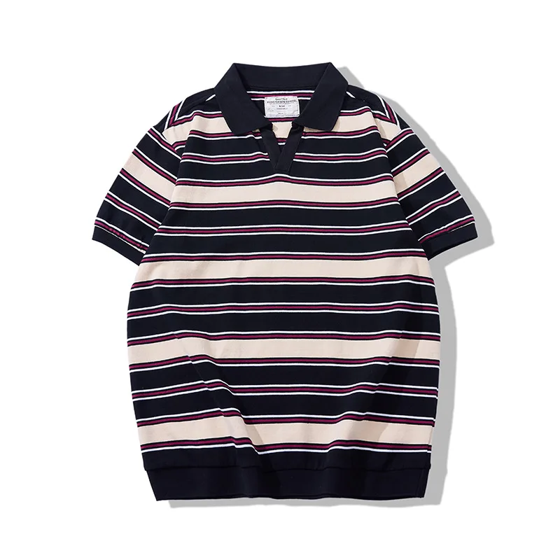 American Retro 230g Thick Heavyweight Seagull Collar Striped T-shirt Sea Soul Striped Short Sleeved