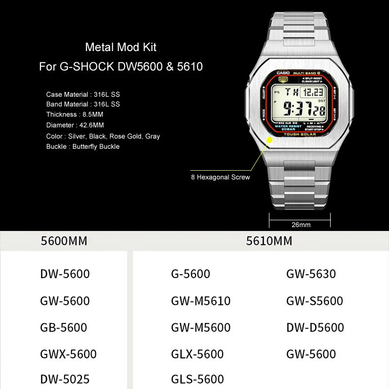 4th DW5600 All Stainless Steel Watch Bezel Strap Replacement Accessories for Men\'s Watches G-SHOCK DW5600 GW5610 G-5600E