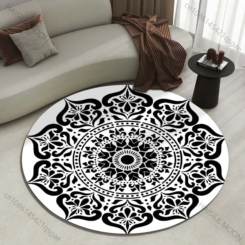 Intricate black-and-white mandala design Printed round carpet living room sofa table carpet large pet mat soft round carpet