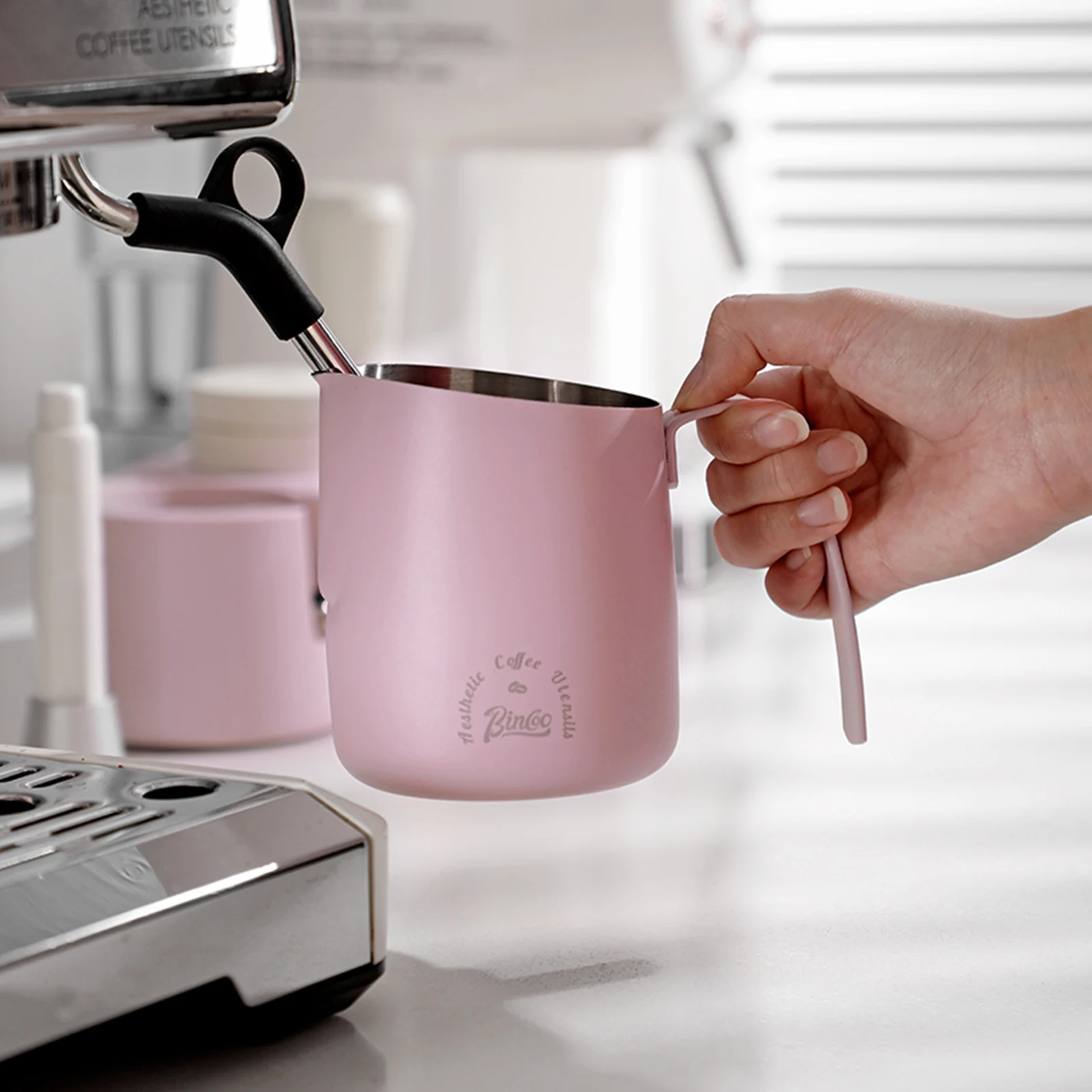 

Espresso Milk Frothing Pitcher - Pink Espresso Steaming Pitcher 25oz/750ML, Stainless Steel Coffee Milk Frothing Cup